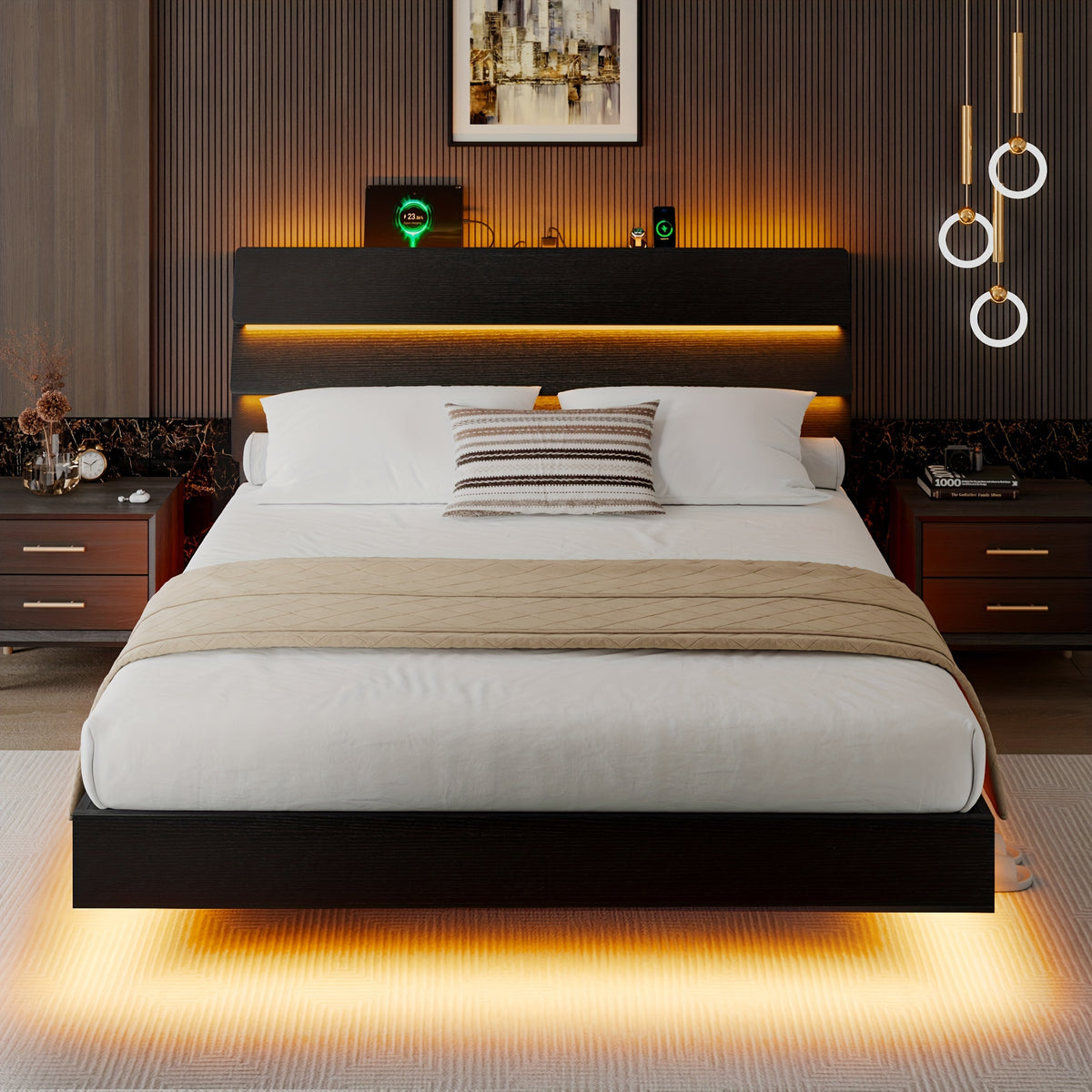 Valnase Floating Bed Frame with LED Lights & Charging Station, Platform Bed with Wooden Storage Headboard, Steel Slats Support, Easy Assembly