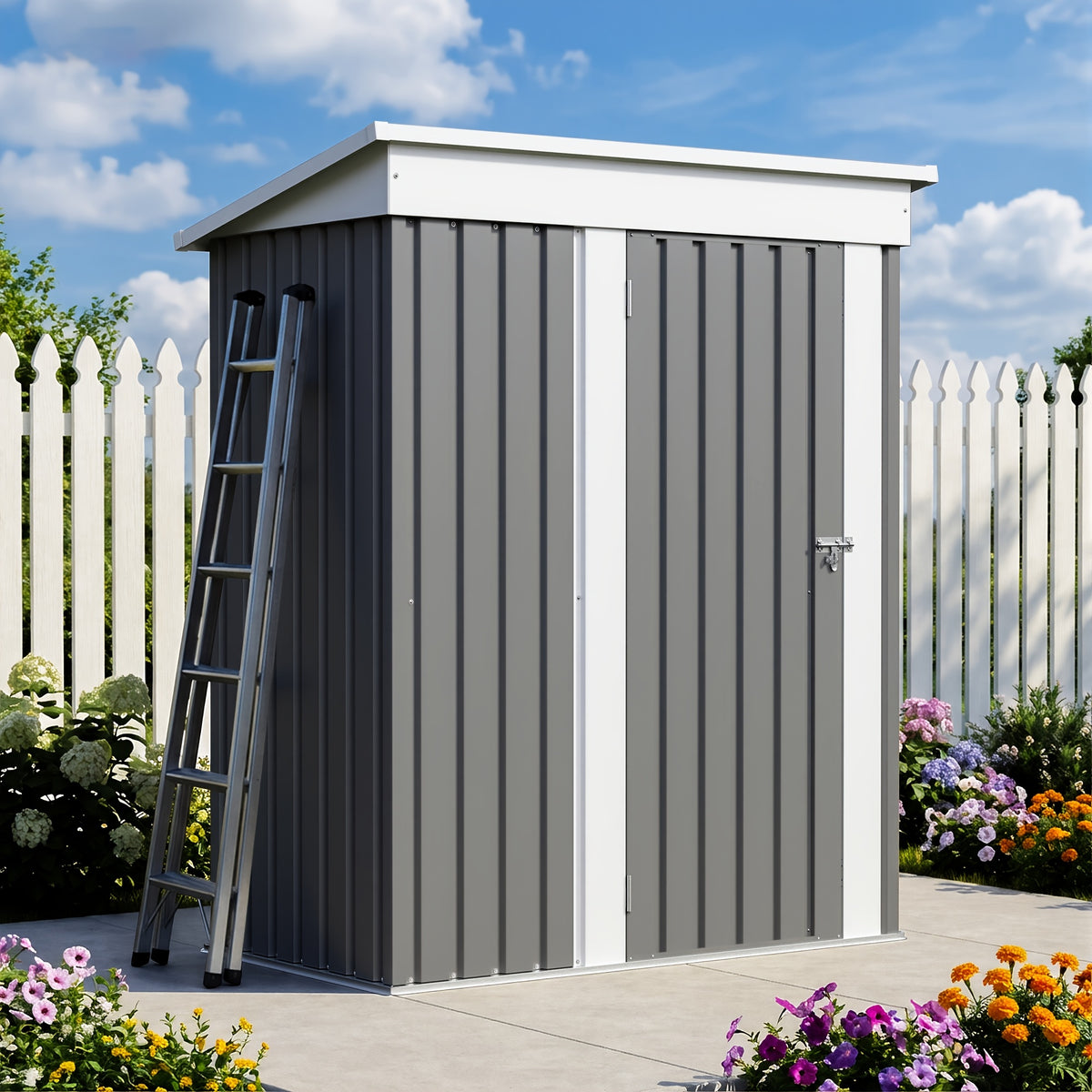 Outdoor Storage Shed by GUNJI, Lockable Steel Tool House in 5 x 2.7 ft or 8 x 10 ft Options