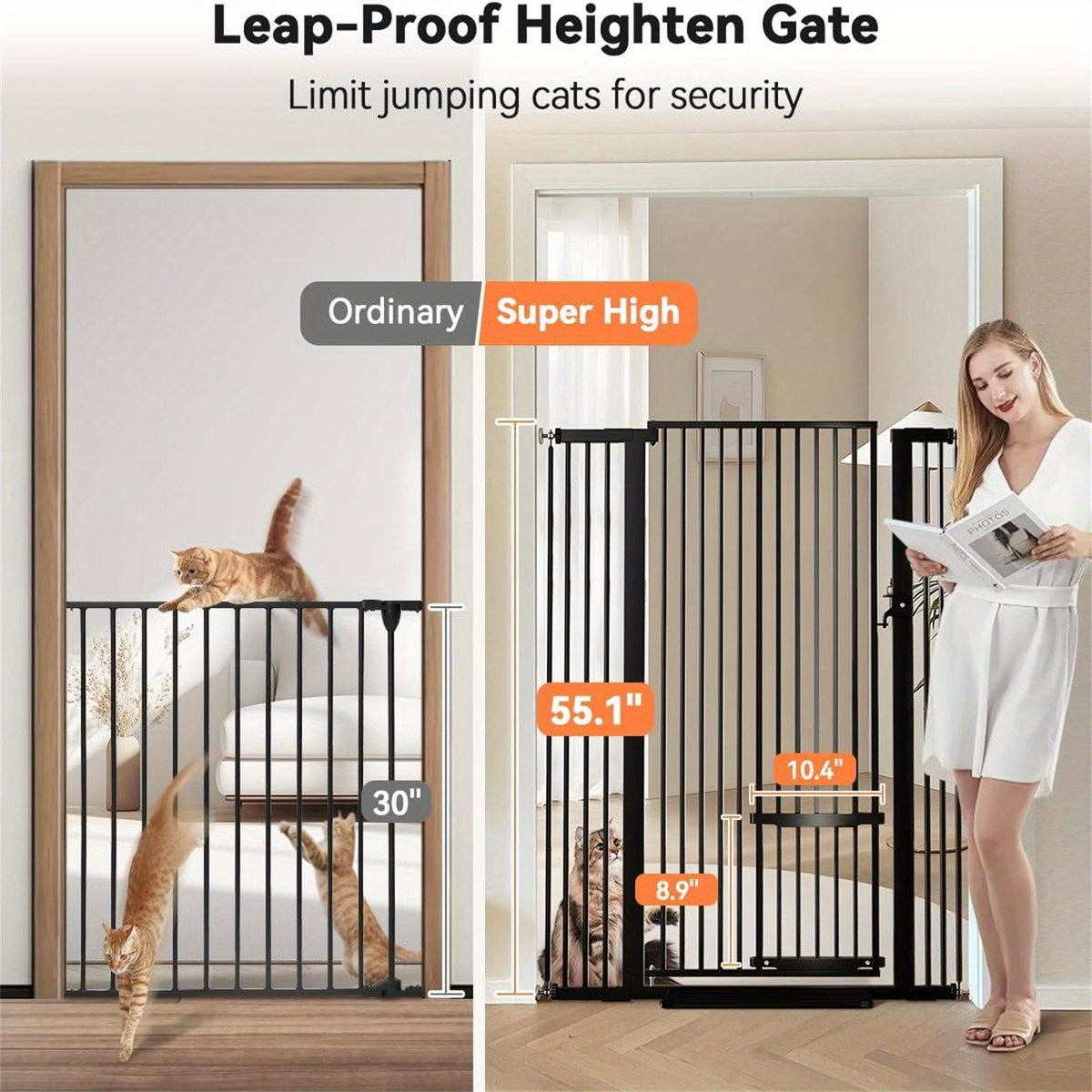 71" Extra High Cat Barrier, 29.5-40.6" Extra Broad Pet Barrier, Convenient Walk-Through, Pressure-Fitted Pet Barrier with Adjustable Cat Entrance for Doorways And Stairs