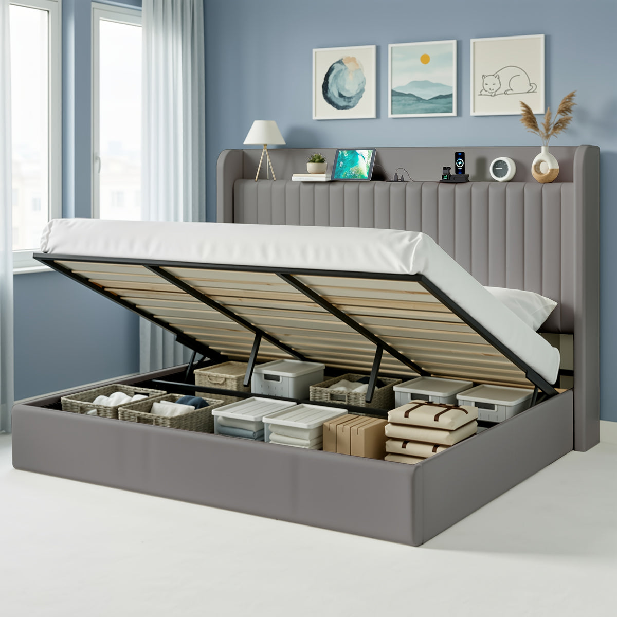 WEEWAY Lift Up Storage Bed Frame, Velvet Vertical Channel Headboard, Charging Station, Hydraulic Support, Noise-Free Wooden Slats, No Box Spring Needed, Bedroom Furniture, Masterroom, Guestroom, White, Black, Cream, Grey, Free Shipping