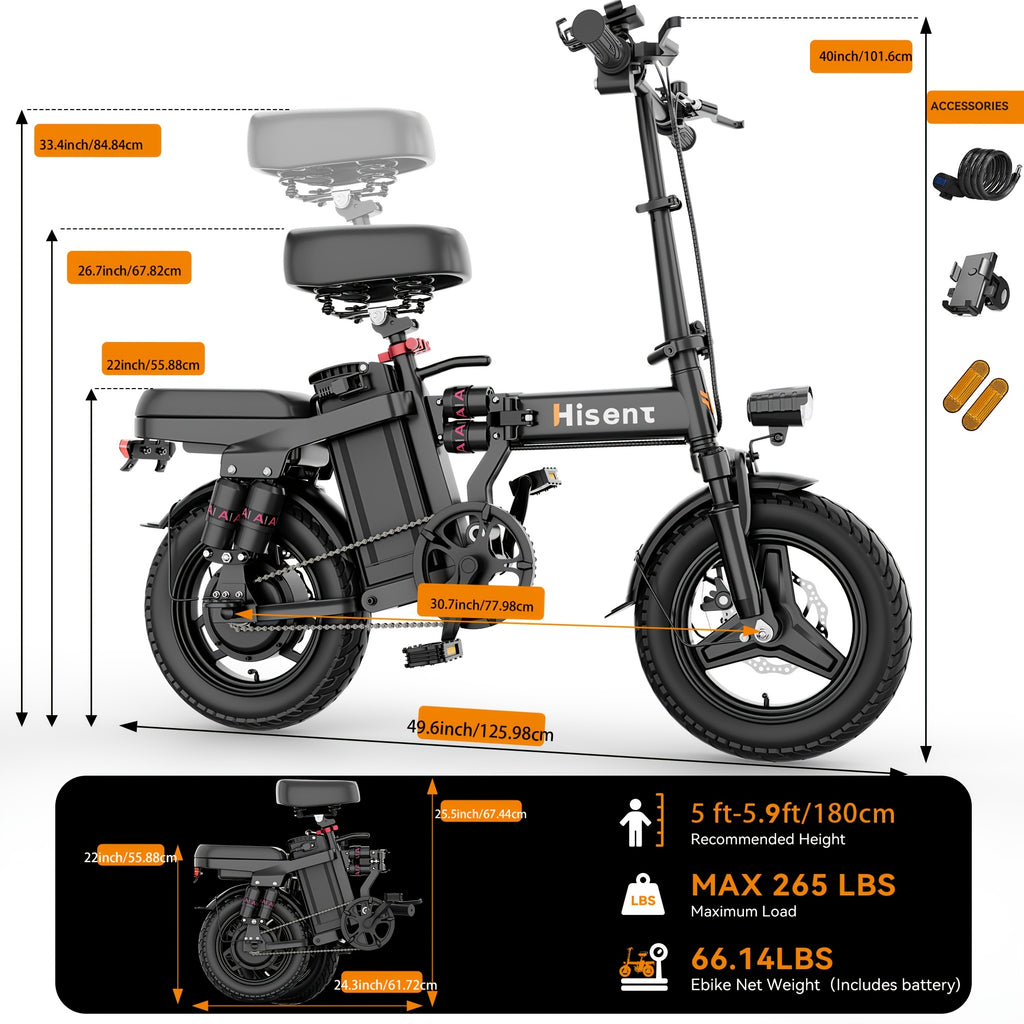 Hisent Folding Electric Scooter, 500W Brushless Motor, Speed 19.9mph, Dual Suspension System, Full Shock Absorption, 48V 10AH-17.5AH Battery(optional), 15-35 Miles Range, 14-inch High-quality Tires, With Double Seats