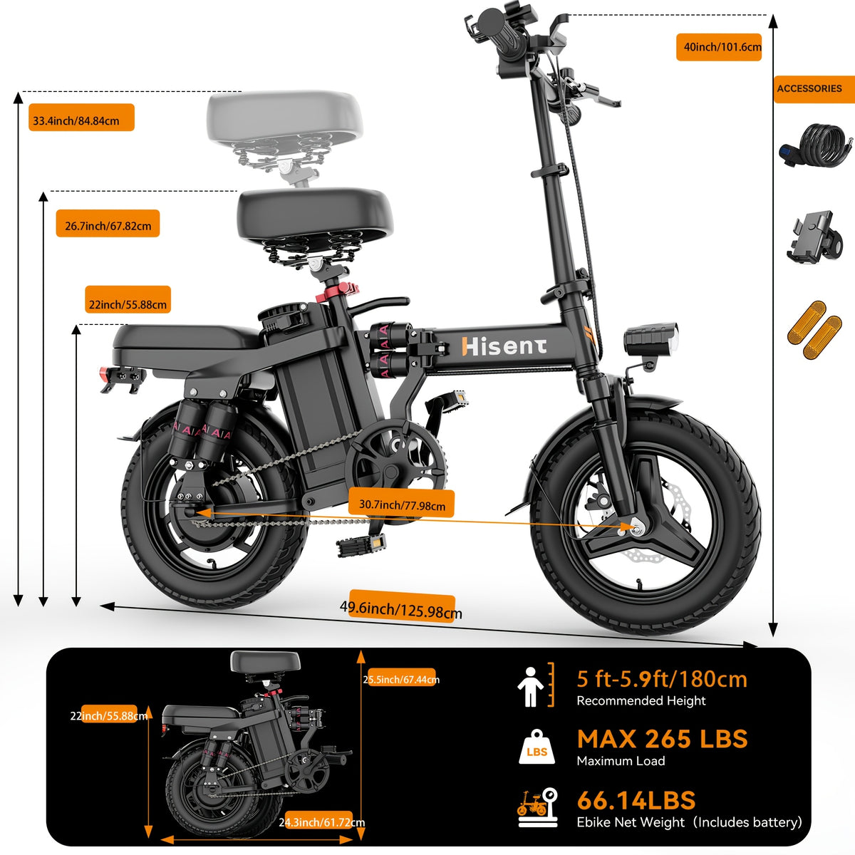 Hisent Folding Electric Scooter, 500W Brushless Motor, Speed 19.9mph, Dual Suspension System, Full Shock Absorption, 48V 10AH-17.5AH Battery(optional), 15-35 Miles Range, 14-inch High-quality Tires, With Double Seats