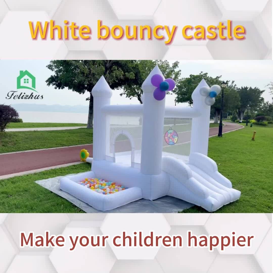 White Inflatable Castle, Suitable For Both Indoor And Outdoor Use, Equipped With A Blower, Ball Pit And Slide, Easy To Install, Suitable For Various Activities And Birthday Parties, Can Play For 2-3 Children.