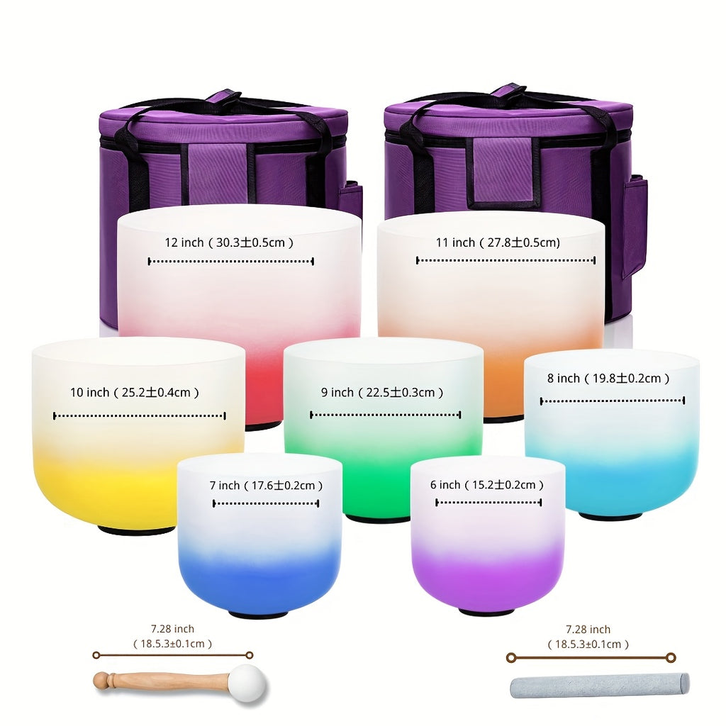 [Singing Bowls] Quartz Crystal Singing Bowls | Set of 7 | Quartz Crystal | Aria Gradient Design | For Meditation Yoga | 6-12 Inch | With Case Mallet Striker