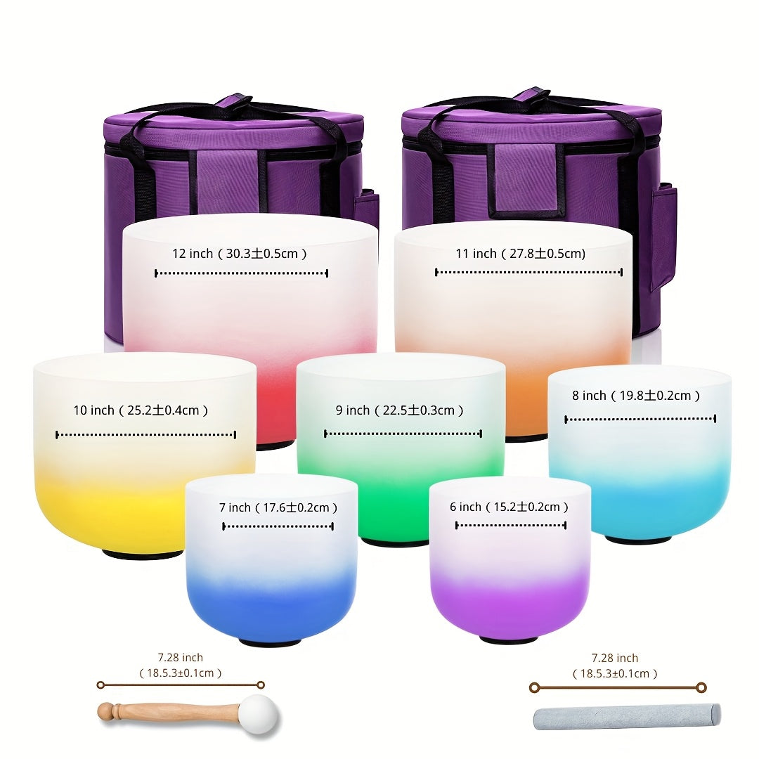 [Singing Bowls] Quartz Crystal Singing Bowls | Set of 7 | Quartz Crystal | Aria Gradient Design | For Meditation Yoga | 6-12 Inch | With Case Mallet Striker