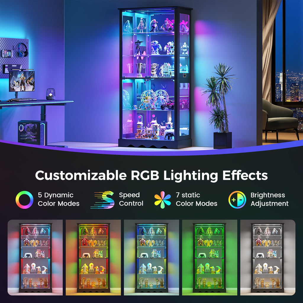 Display Cabinet with Glass Doors, 71'' Tall Curio Cabinet with RGB Lights for Collectibles, LED Display Case with Removable Shelf for Book/Medal/Figure, Black And White