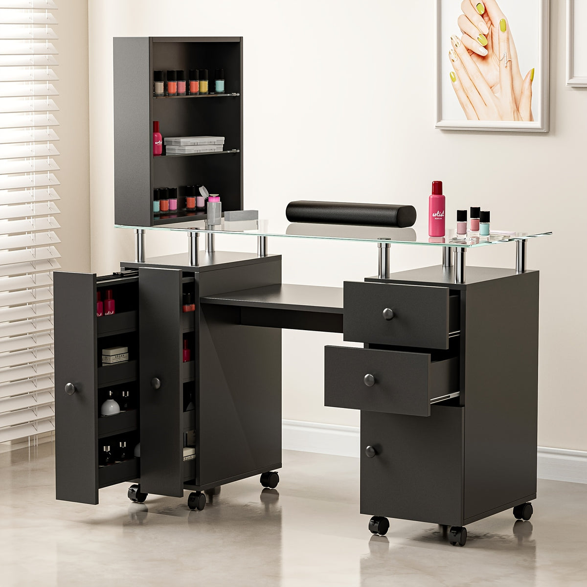 [Nail Desk W/Glass Top] Paddie Manicure Table Nail Desk for Technician, Acetone Resistant Nail Tech Table Nail Table Station W/Glass Desktop, Wrist Cushion, 3-Tiers Shelves, Lockable Wheels & Cabinet