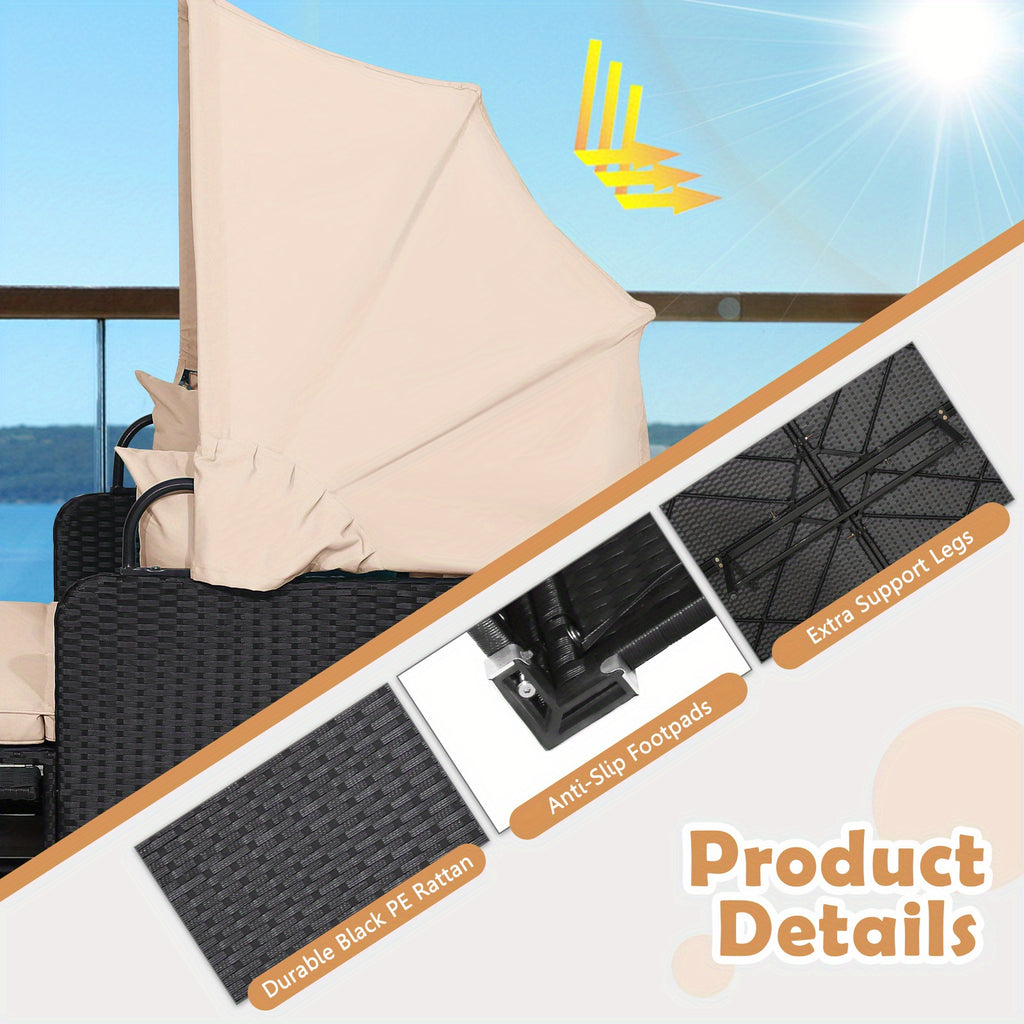 COSTWAY 2-Person Outdoor Daybed, Patio Double Chaise Lounger with Retractable Canopy And Side Tables, Wicker Sunbed with Cushions And Throw Pillows for Poolside Backyard Garden