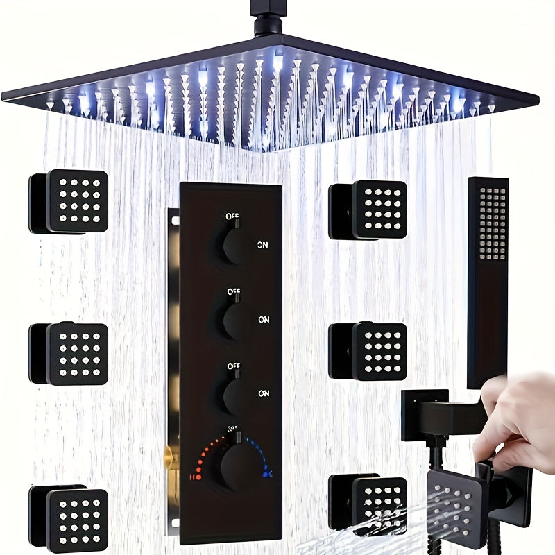 Modern Matte Black Thermostatic Shower System with LED Rainfall Head & Temperature Control - Wall-Mounted Stainless Square Faucet Combo, Massage Function for Bathing (Faucet and Shower Head) - Luxury Bath Suite