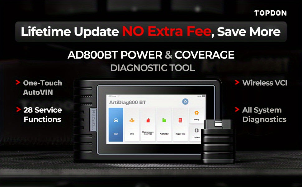 Wireless OBD2 Scanner - AD800BT - Free Lifetime Upgrade - Scan Tool - Automotive Diagnostic Tool - Full System Diagnosis - 28+ Reset Services