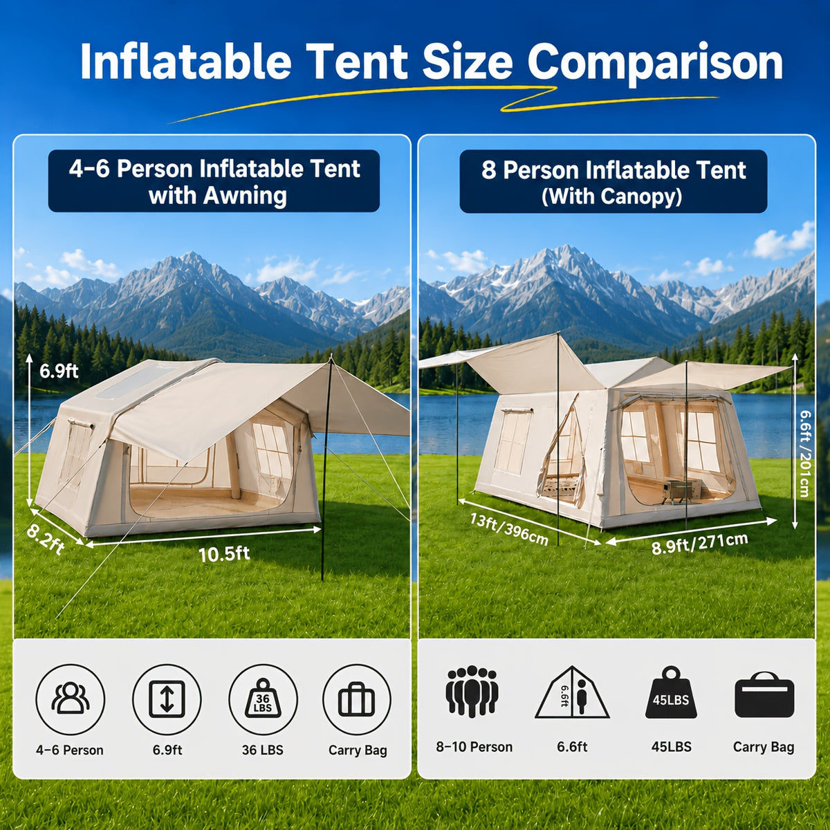 LILYPELLE 6-12 Person Ridge-Style Inflatable Camping Tent with Manual Pump, Large Mesh Windows And Curtain Divider, Four-Season Use, Easy Setup, Ideal for Groups And Families