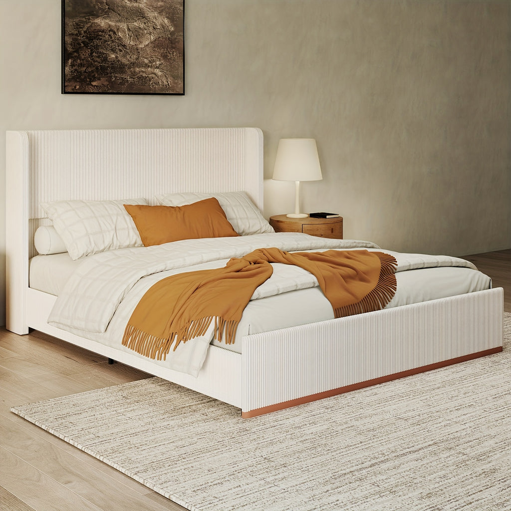 Queen/King Size Upholstered Platform Bed Frame with Vertical Channel Tufted Wingback Headboard, Soft Corduroy Bed with Solid Steel Slats, No Box Spring Needed, Noise Free, Easy Assembly, Modern White