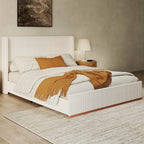 Queen/King Size Upholstered Platform Bed Frame with Vertical Channel Tufted Wingback Headboard, Soft Corduroy Bed with Solid Steel Slats, No Box Spring Needed, Noise Free, Easy Assembly, Modern White