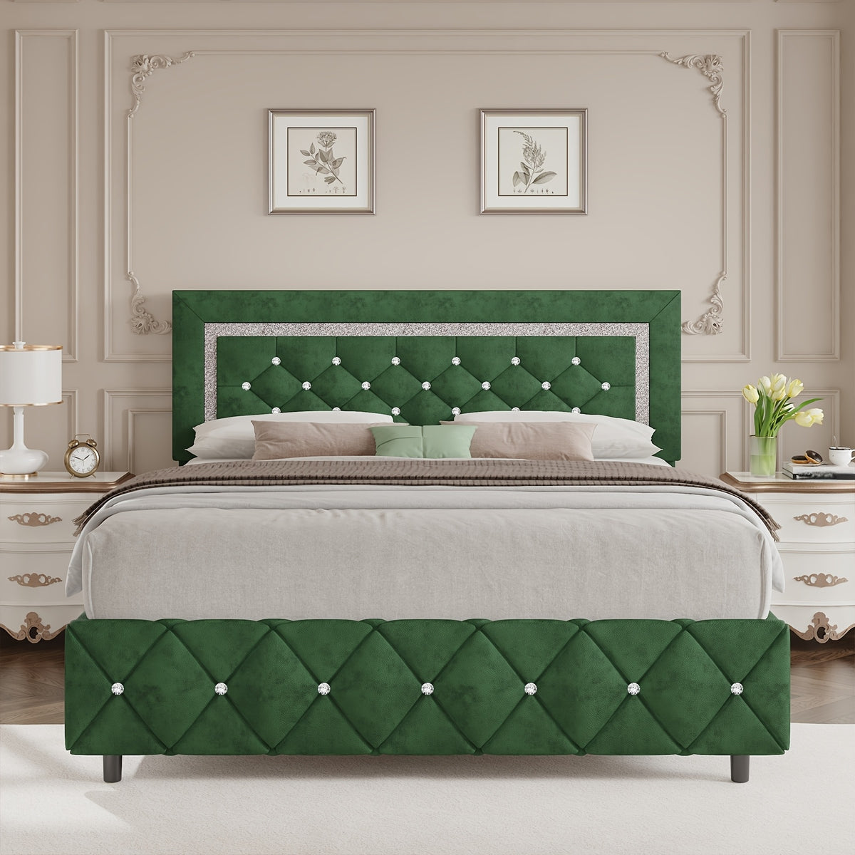 4ever2buy Twin Full Queen King Platform Bed Frame with Upholstered Diamond Headboard, Mattress Foundation with Strong Wooden Slats Support, No Box Spring Needed, Easy Assembly, Valentine's Day Gifts, Pearlized White, Black, Pink, Green, Grey, Beige