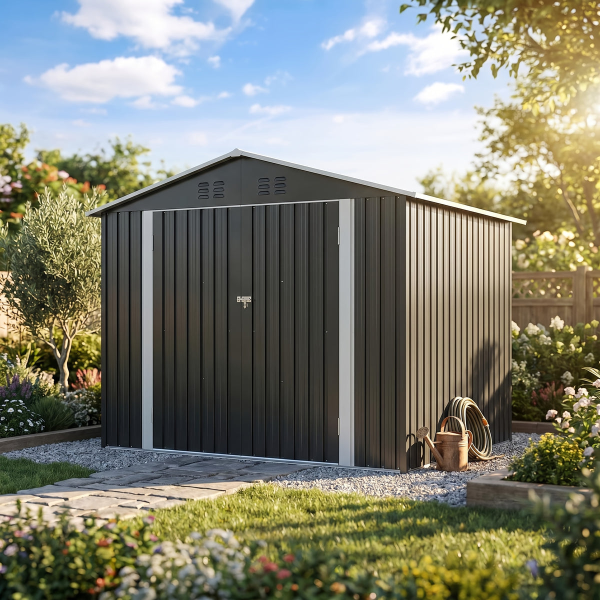 Outdoor Storage Shed, Metal Shed with Updated Frame Structure And Lockable Doors, Large Shed Upgrade Height Ideal for Garden, Backyard, Patio Utility And Tool Storage