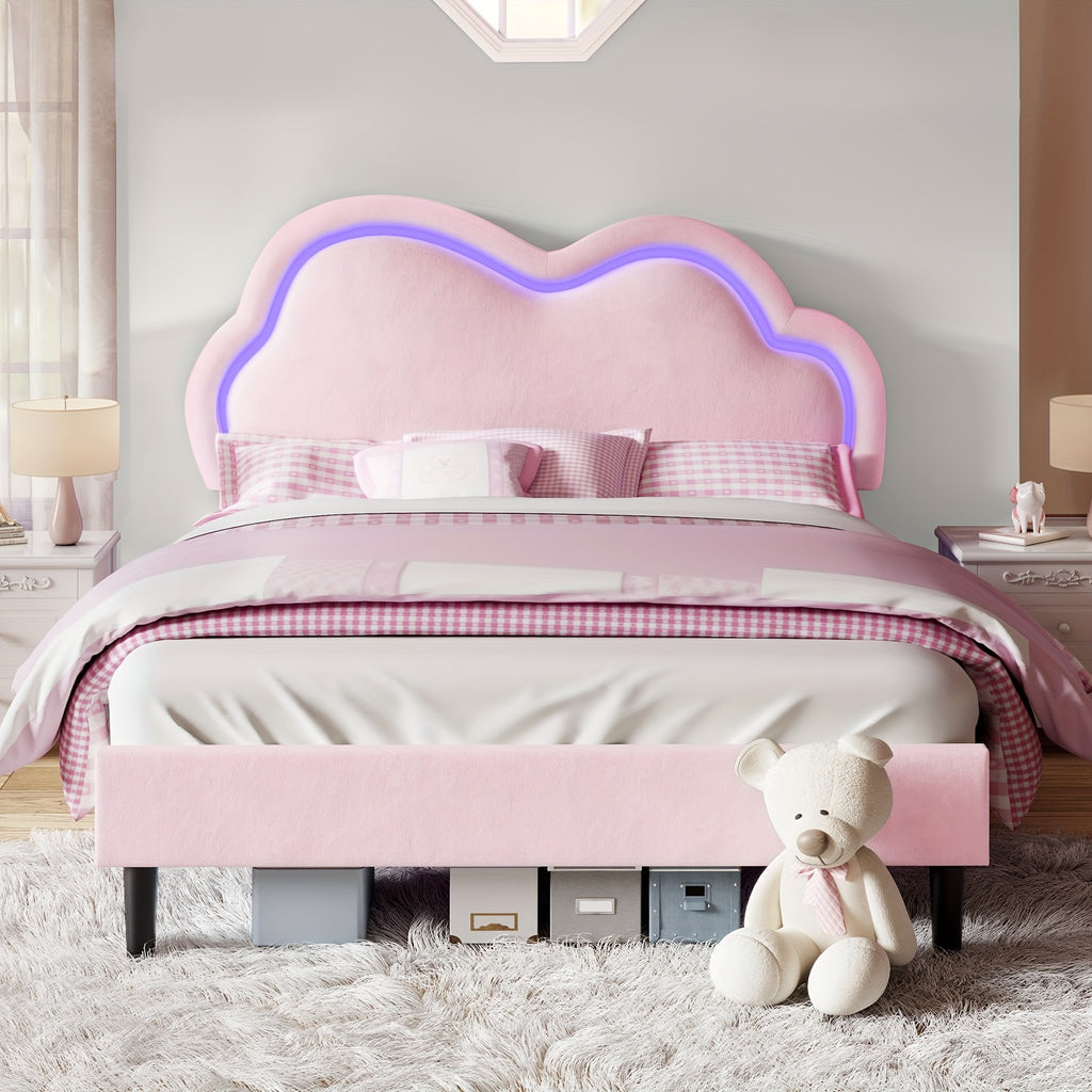 LUXOAK LED Velvet Platform Bed Featuring an Adjustable Cloud Headboard - No Box Spring Needed, Easy Assembly