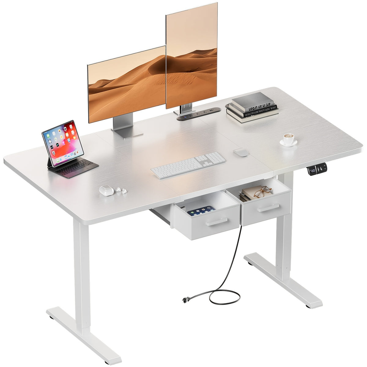 Electric Standing Desk with Dual Drawers and Built-In Power Panel for Home Offices and Gaming Setups