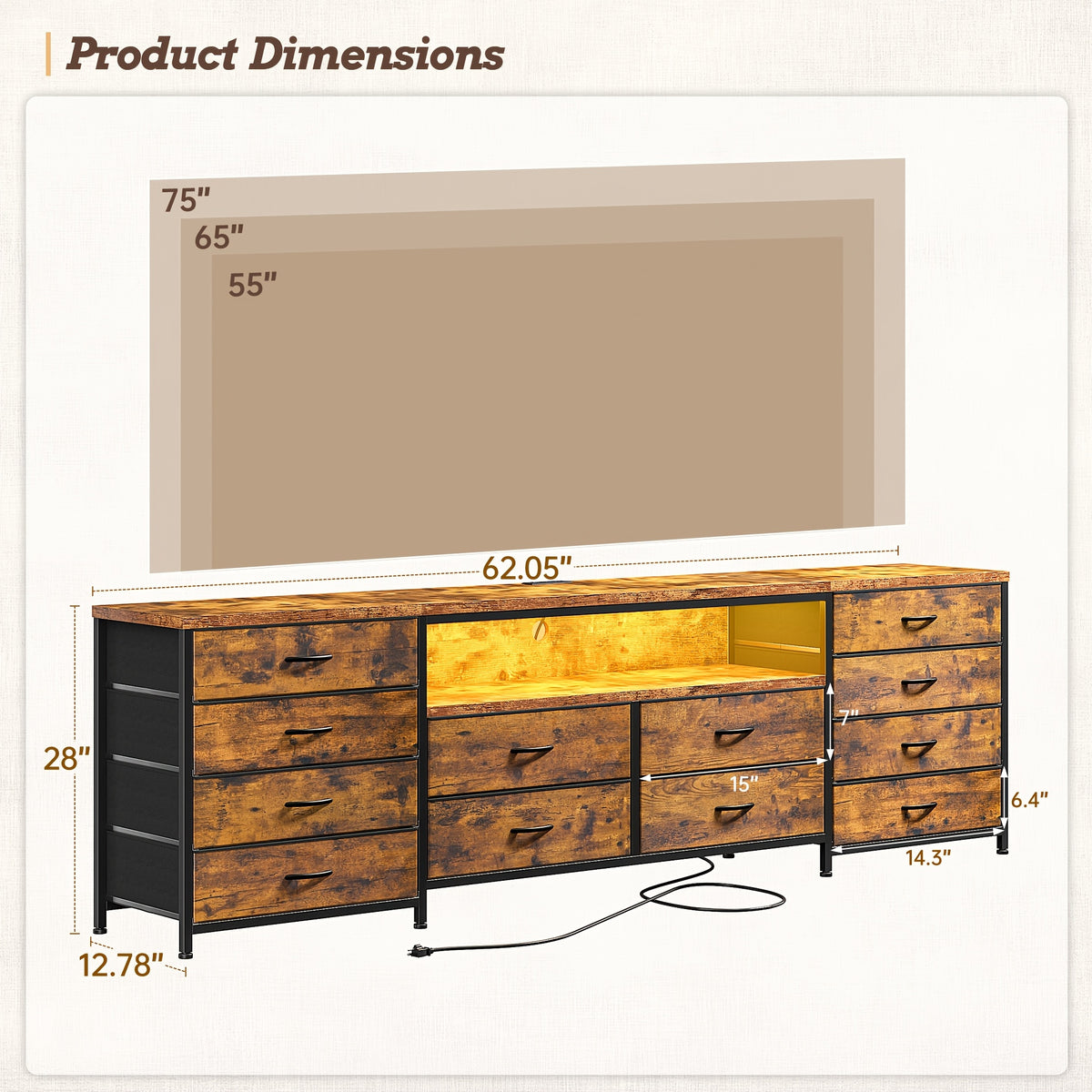 [12pcs] 63" Smart TV Stand With LED Lights & Power Outlets, For TVs Up To 75", 12-Drawer Fabric Dresser, Entertainment Center For Living Room, Bedroom, Hallway, Brown