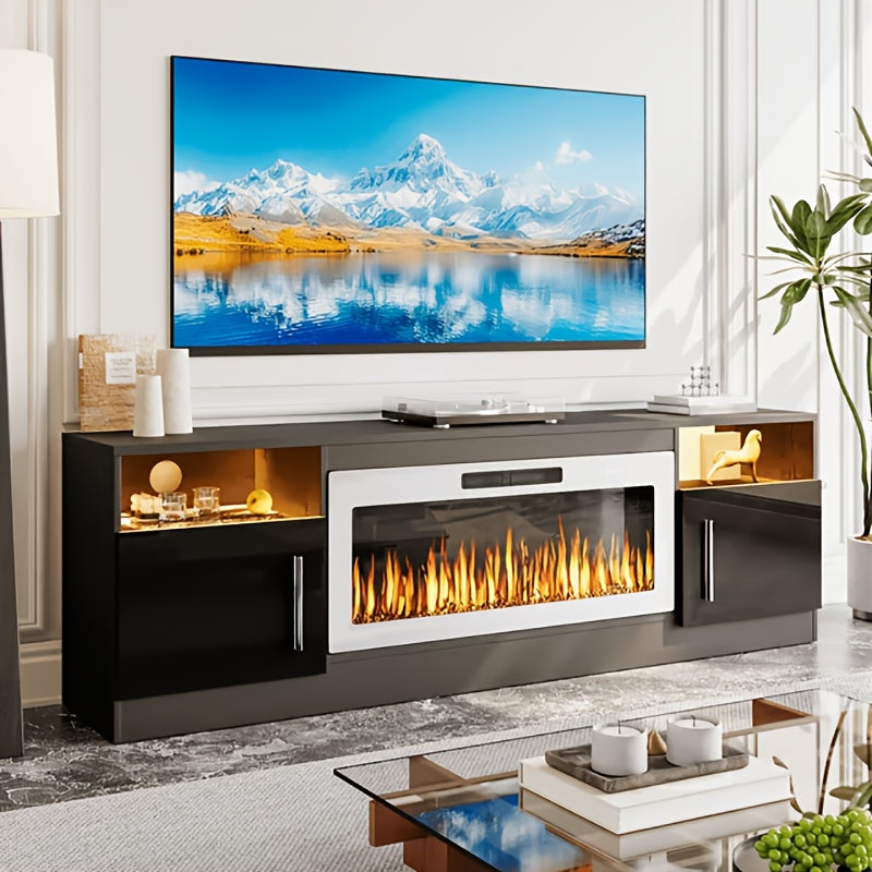 80" TV Stand Fireplace with 36" inch Electric Fireplace Up to 90" TVs, LED Light Entertainment Center, 80" Modern Wood High Gloss with Highlight Storage Cabinet for Living Room