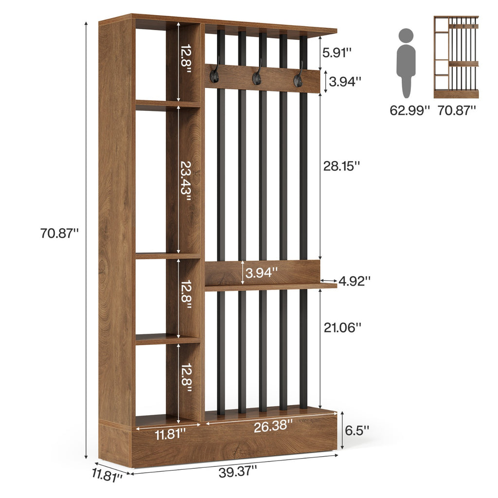 71' Wood Freestanding Room Divider, Wall Partition Bookcase with Shelves & Coat Hooks, Modern Decorative Screen for Home & Office, Brown