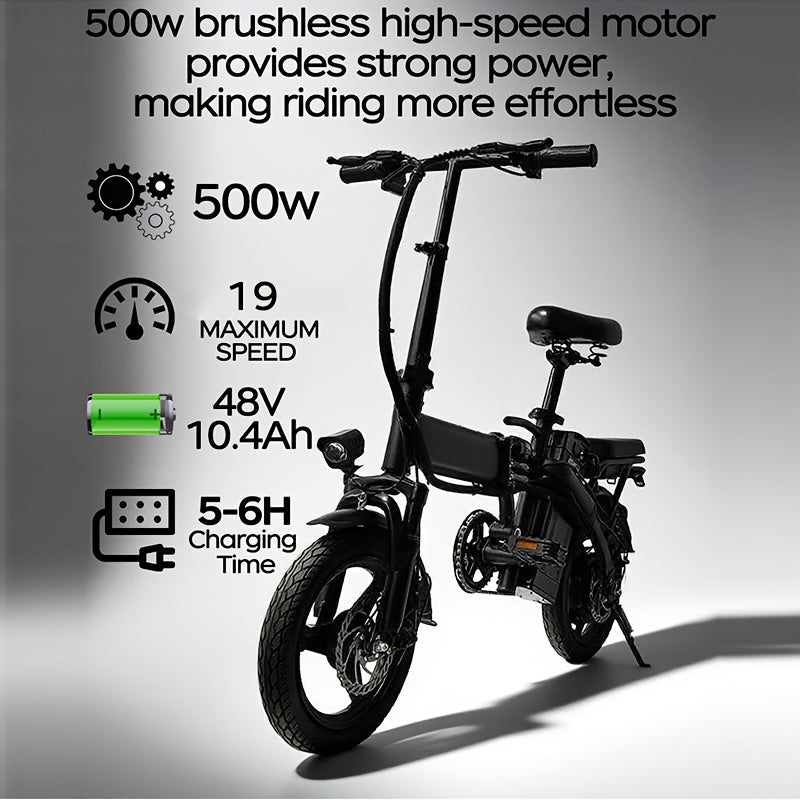 14-inch Lightweight Folding Electric Bicycle, 330 Lbs Load Capacity, 19 Mph Top Speed, Long-Lasting Battery, 48V Removable Lithium Battery with 18-28 Miles of Range, Front Headlight & Disc Brakes, Alloy Steel Frame, Black, for Urban Commuting
