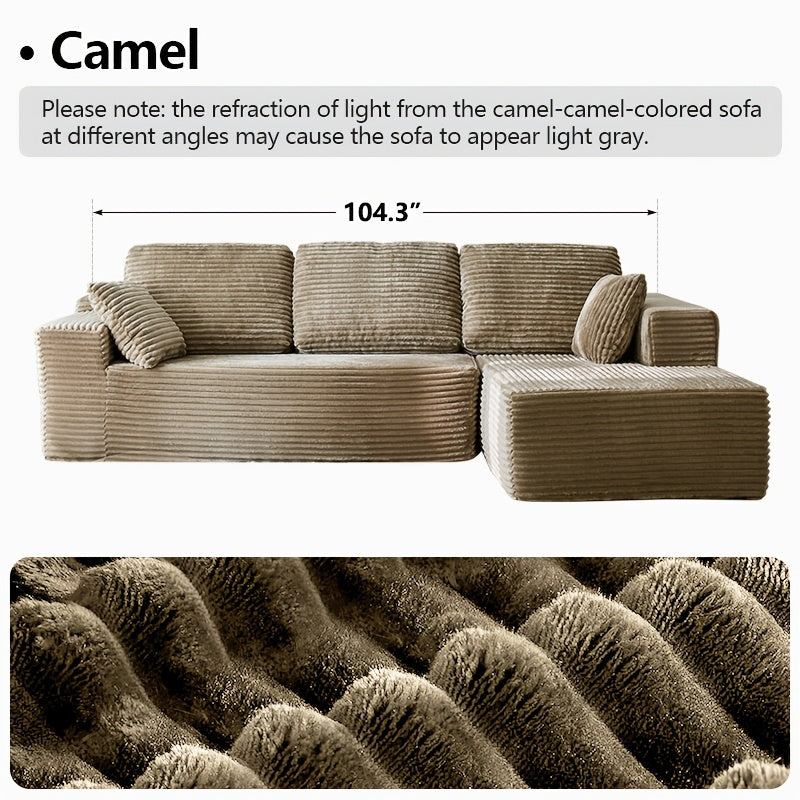 96" L-Shaped Sofa with Chaise, 65" Single Noble Consort Sofa Chair. Minimalist Compressed Boneless Sofa No Assembly Required, Modular Cloud Sectional Sofa for Living Room Bedroom, Right Facing Chaise, Plush Corduroy