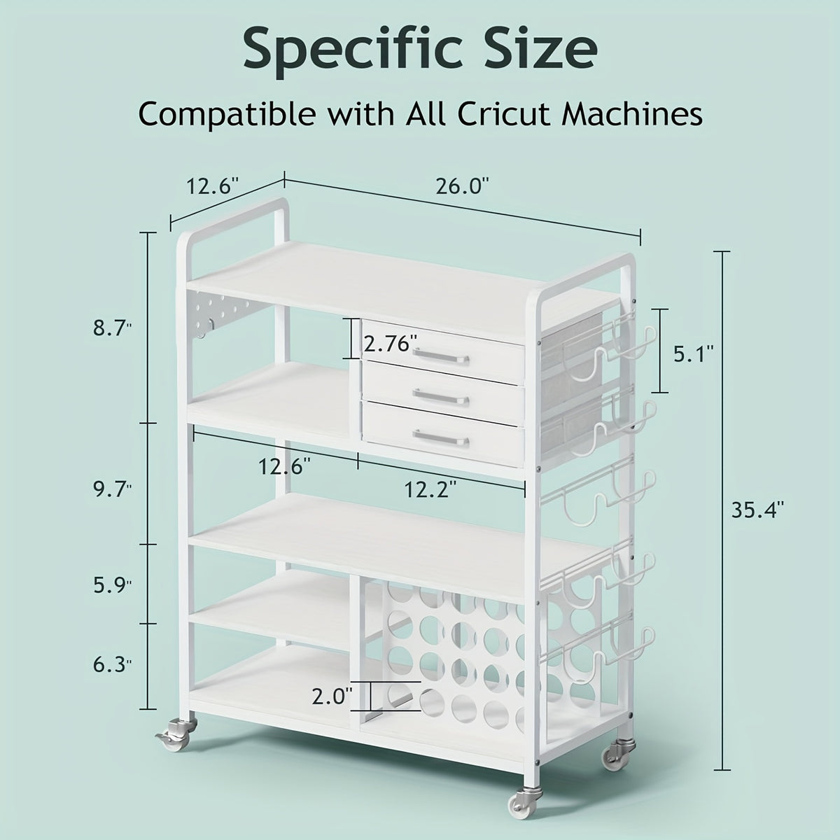 Craft Cart And Organizer Table Compatible - Rolling Storage Cart/Shelf with 20 Vinyl Roll Holders, 3 Fabric Drawer, Accessories Holder, Tool Hook for Craft Room Home, Office, Storage Cabinets