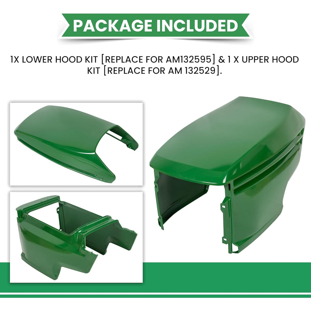 Lower & Upper Hood Replacement for John Deere Models LX255 LX266 LX277 LX279 LX280 LX288 LX289, 325 335 345 355D, GT225 235 235E 245, GX255 325 335 345 355 Replaces AM132595 AM132529