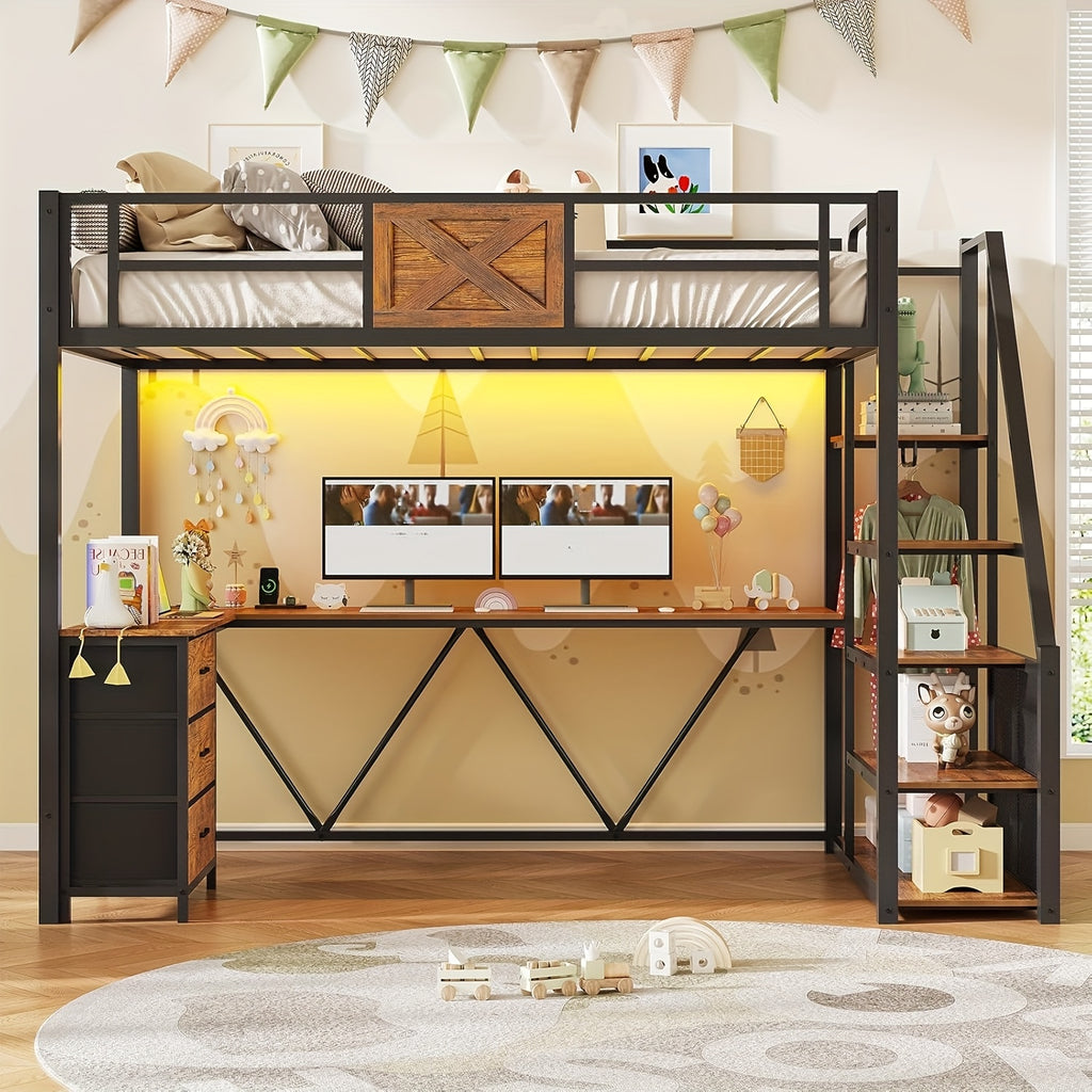 Stairway Twin Size Loft Bed with L Shaped Desk and Wardrobe, Metal Loft Bed Frame with Storage Stairs, 3 Drawers and LED Lights