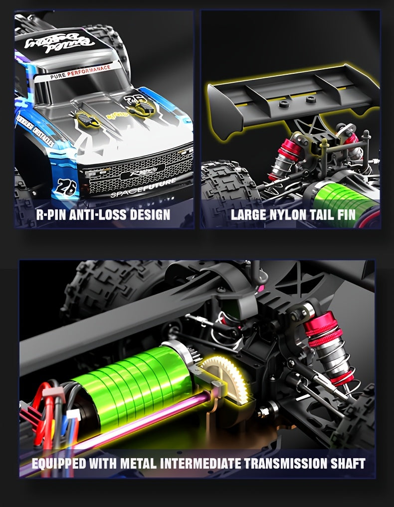 Flypear 4WD Brushless RC Car, 60+KM/H All Terrain High-Speed Off-Road Truck, Aluminum Alloy Chassis, 2.4Ghz Remote Control, Supports Vehicles Racing Together, Three-Wire 17G Digital Servo, LED Lights