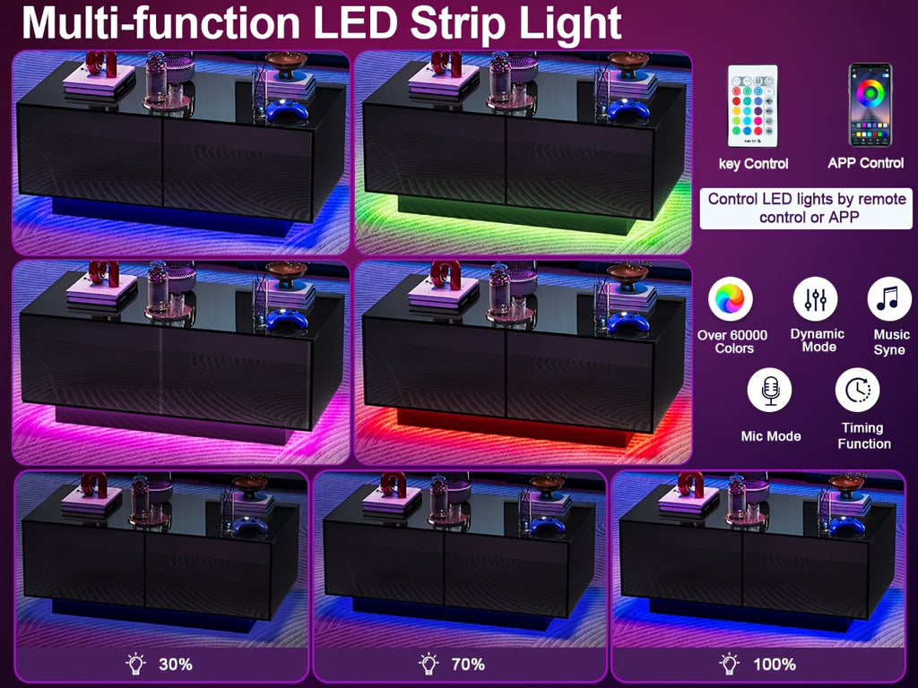 High Glossy LED Coffee Table, Modern Coffee Tables with Open Display Shelf And Sliding 2 Drawers, Rectangular Coffee Table with LED Lights for Living Room, Dining Room, White/Black