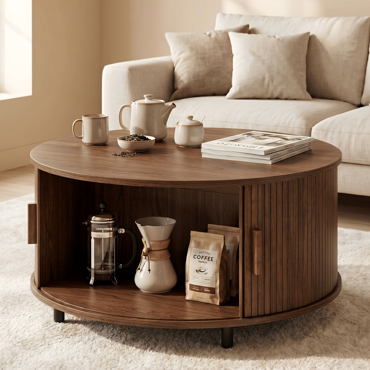 Round Coffee Table, 32-Inch Modern Wooden Center Table with Sliding-Door Storage for Living Rooms and Apartments