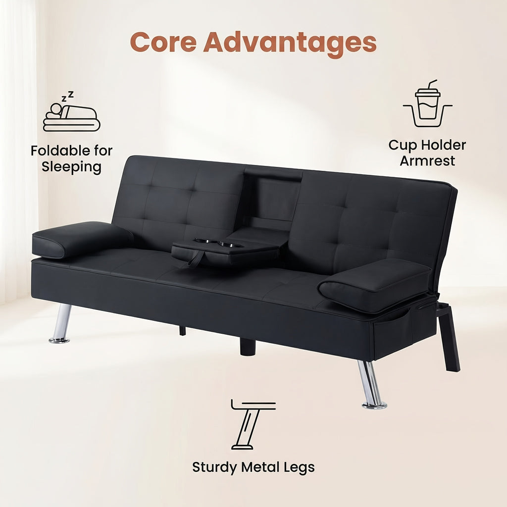 67" Convertible Futon Sofa Bed, 2 Thickness Seat Cushion, Adjustable Folding Couch with Detachable Armrest & Cup Holders, Heavy Duty 700 LBS Metal Frame, Multifunctional Sleeper Sofa for Living Room Bedroom Apartment Dorm