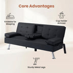 67" Convertible Futon Sofa Bed, 2 Thickness Seat Cushion, Adjustable Folding Couch with Detachable Armrest & Cup Holders, Heavy Duty 700 LBS Metal Frame, Multifunctional Sleeper Sofa for Living Room Bedroom Apartment Dorm