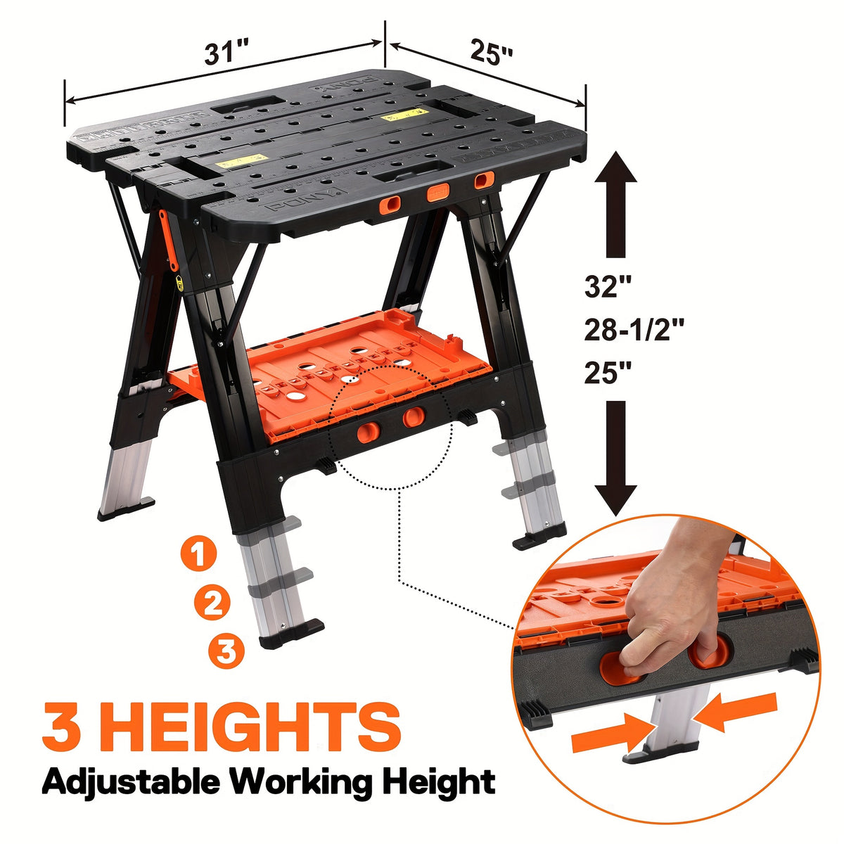 Portable Folding Work Table Pony, 2-in-1 as Sawhorse & Workbench, Load Capacity 1000 lbs-Sawhorse & 500 lbs-Workbench, 31" W×25" D×25"-32"H, with 4pcs Clamps, 4pcs Bench Dogs, 2pcs Safety Straps