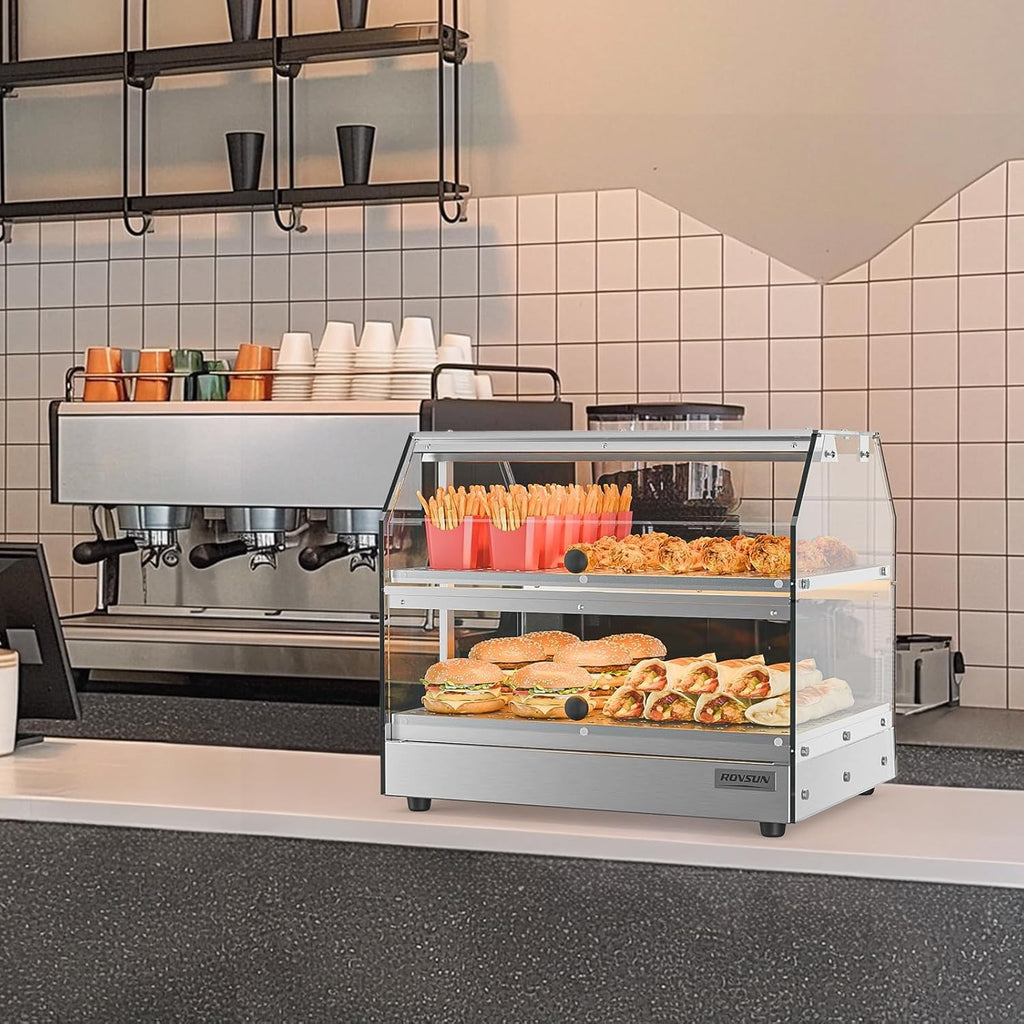 2-Tier Food Warmer Pizza Warmer Countertop, Food Warmer Display Pretzel Warmer with LED Lighting Front and Rear Doors, Electric Catering Hot Box Acrylic for Buffet Restaurant Cafe