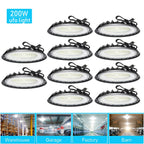 10pcs 200W UFO LED High Bay Light, Cold White 6000K, LED Commercial Lighting Fixtures, 90-277V, for Warehouse Garage Workshop Mall Factory Industrial Barn Gym, Dustproof And, with 4Ft US Plug