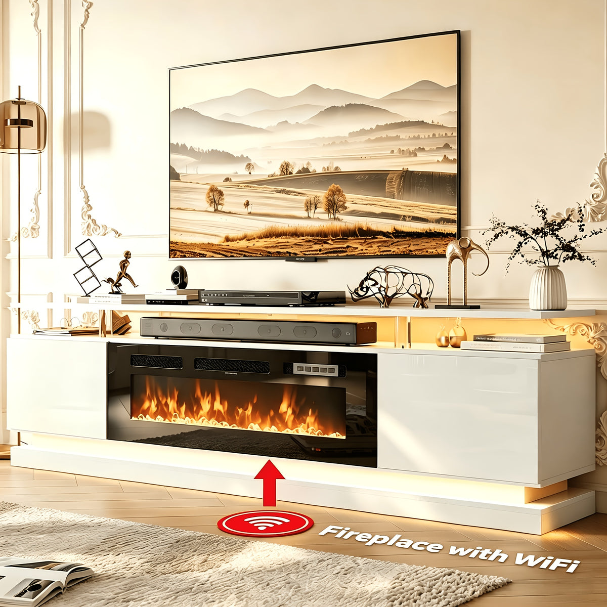 Fireplace Tv Stand with 36 Inch Fireplace, 70"/80" Modern Entertainment Center with LED Lights, Entertainment Center And Storage for Living Room