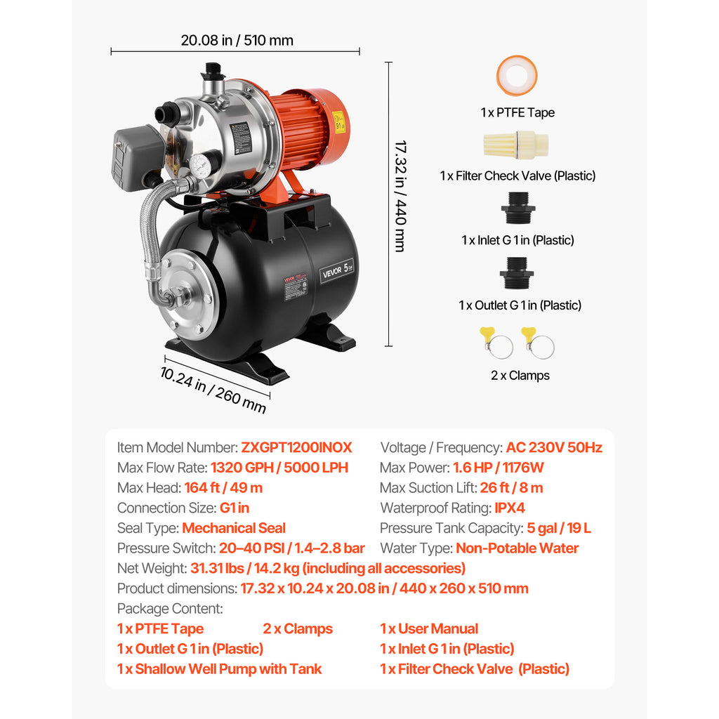 VEVOR 1.6 HP Shallow Well Pump with Pressure Tank, 120V 1320 GPH, Stainless Steel Irrigation Jet Pump with 5-Gal Tank, Automatic Water Booster System, 20/40 PSI Pressure Switch, for Home Garden Lawn