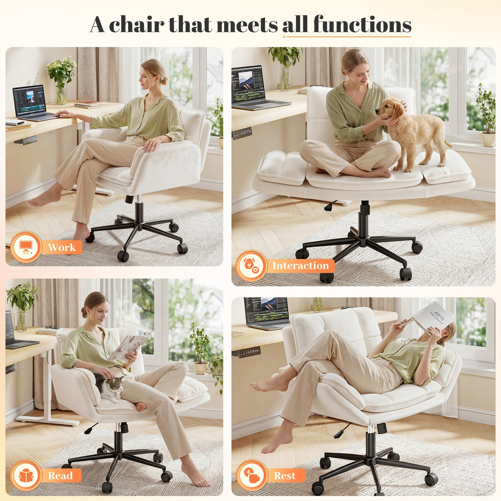 Office Criss Cross Chair with Wheels & Armrests, Comfy Wide Vanity Chair, Height Adjustable Computer Office Desk Chairs for Home, Makeup, Bedroom, Stable & Comfortable