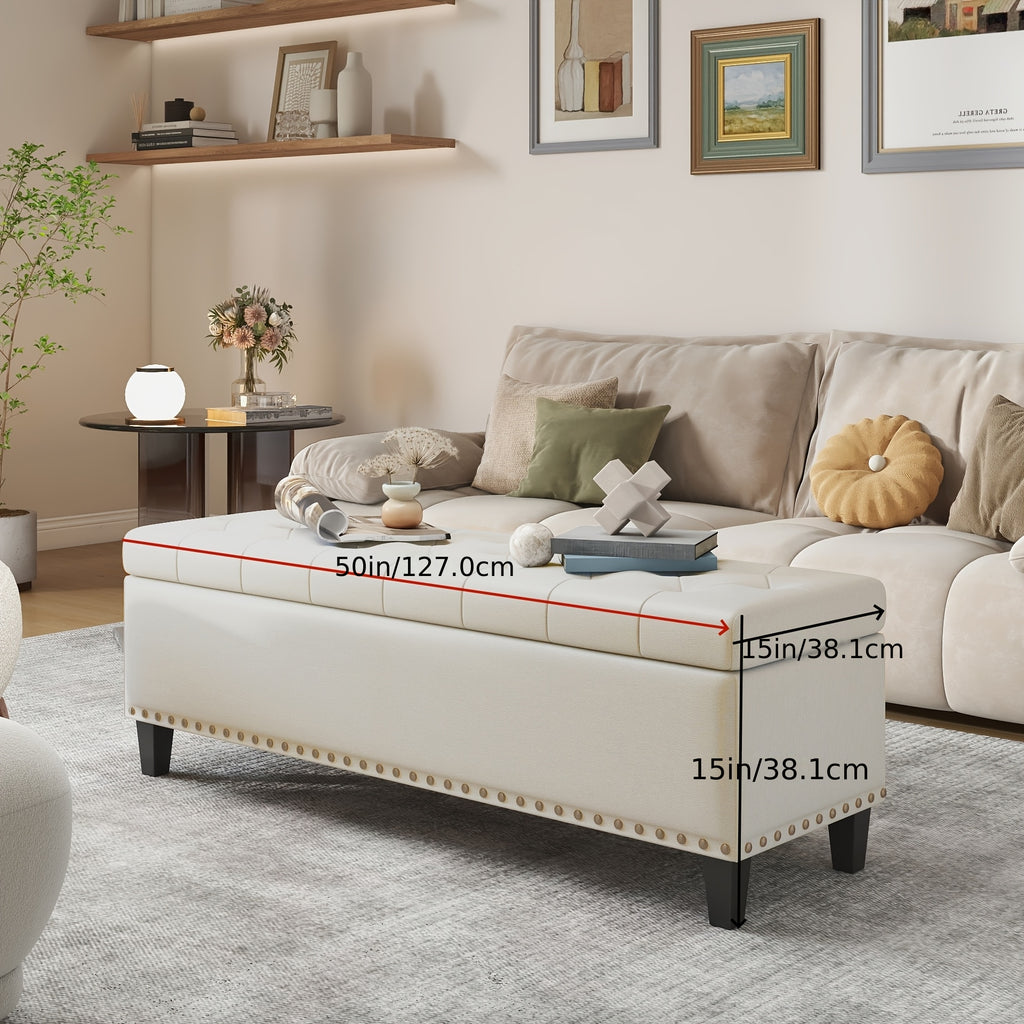 51-Inch Storage Ottoman Bench, Upholstered End of Bed Ottoman Bench with Storage and Seating, Large Faux Leather Bench for Foot Rest in Bedroom, Living Room, Entryway, Hallway