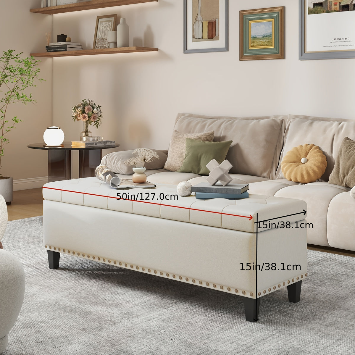51-Inch Storage Ottoman Bench, Upholstered End of Bed Ottoman Bench with Storage and Seating, Large Faux Leather Bench for Foot Rest in Bedroom, Living Room, Entryway, Hallway