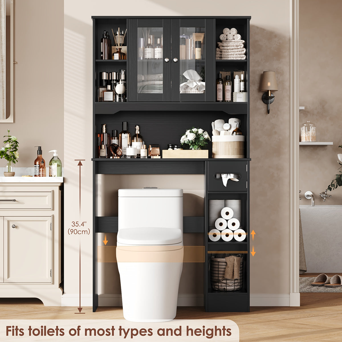 Storage Cabinet for Above The Toilet, Featuring Glass Doors And a Paper Holder, Designed As a Bathroom Shelf to Save Space in Restrooms And Laundry Areas
