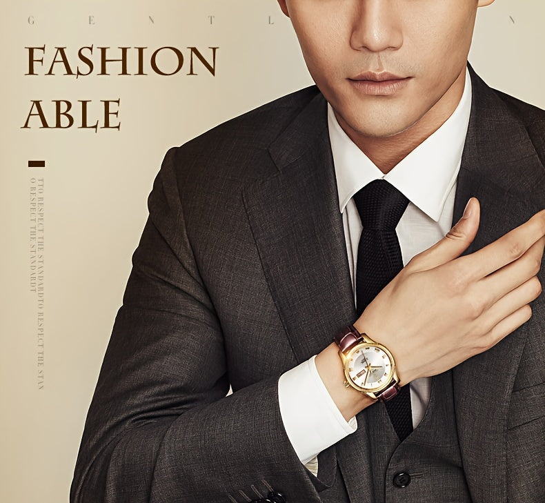 ROCOS Brand Luxury Golden Men's Watches High-end Business Simple Fashion Men's Watches Automatic Mechanical Watches Sun Pattern Brushed Dial Calfskin Strap Waterproof Men's Watches Week Calendar Display Gifts for Men