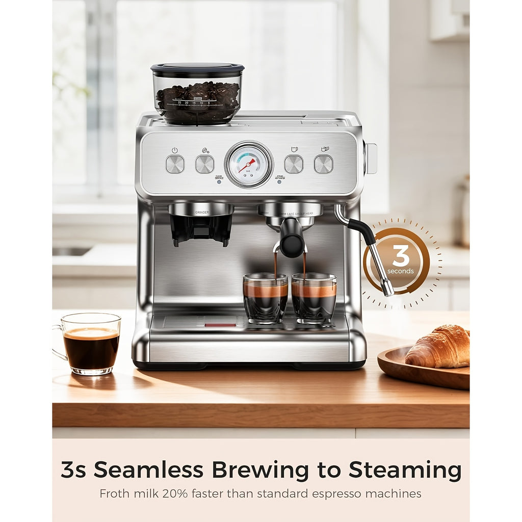 20 Bar Espresso Machine with Built-In Grinder, Professional Cappuccino And Latte Machines with Milk Frother, 3-In-1 Stainless Steel Espresso Coffee Maker for Home, Office, Or Cafe