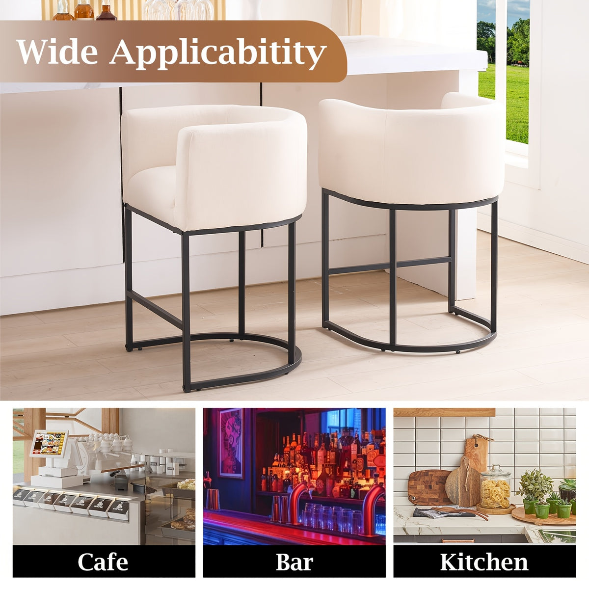26-Inch Tall Modern Barrel-Shaped Beige Bar Stool - Bar Stool with Ergonomic Backrest And Armrests, Linen And PU Fabric Cushion And Sturdy Black Metal Frame, Suitable for Kitchen Islands, Breakfast Bars, And Home Decoration