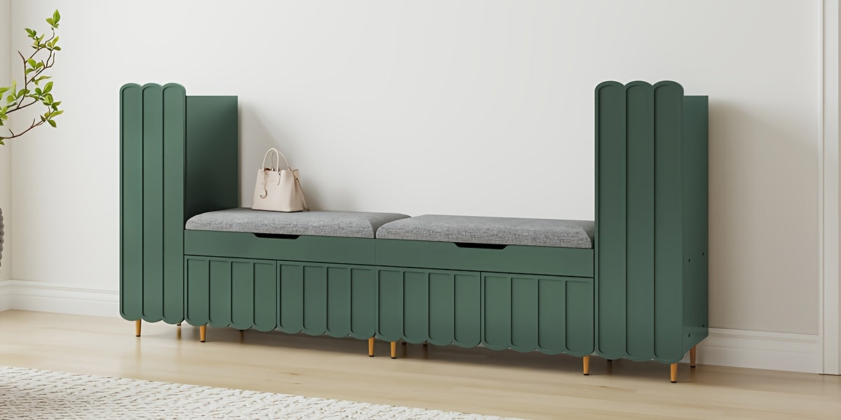 Shoe Organizer Cabinet, Entryway Bench With Adjustable Shelves And Cushioned Seat, Unique L-Shaped Bench Cabinet For Entryway