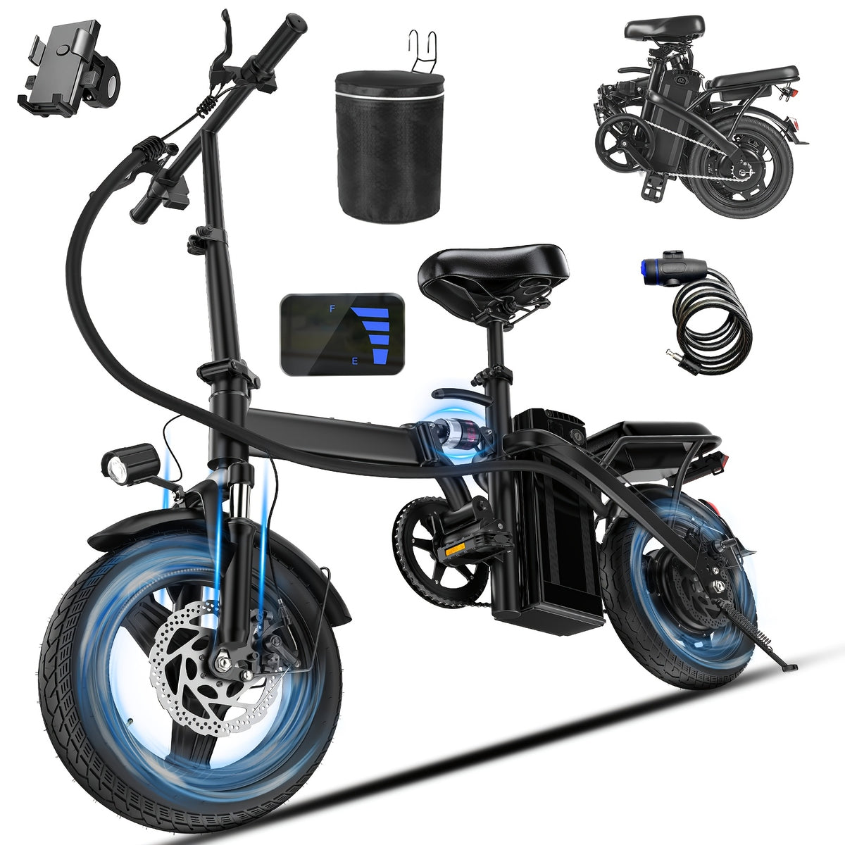 Adult and Youth Electric Bicycle, 560W Motor, 20-24MPH Compact Commuter Folding E-Bike, 32-Mile Range, 48V 10Ah Battery, 3-Speed Pedal Assist, 14-Inch Folding Electric Bicycle, Women's E-Bike
