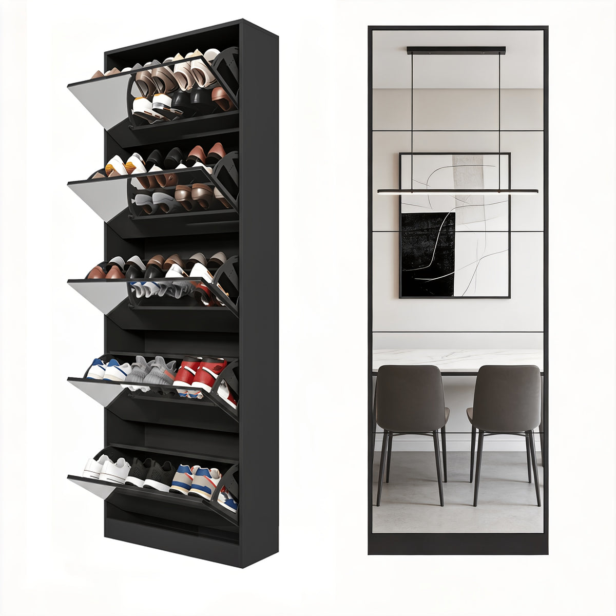 Shoe Storage Cabinet with Five Flip Mirrored Drawers and Double Rack for Entryway Organization