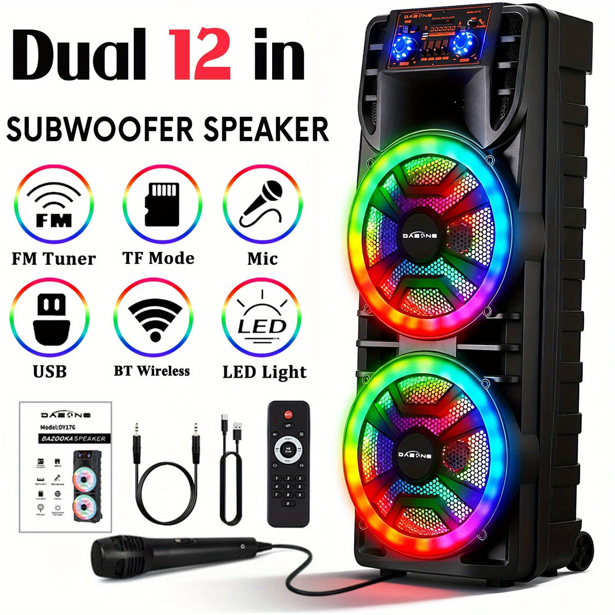 Dual 12" Portable BT Wireless Party Speaker - Powerful Bass, Loud Sound, RGB Light Show, EQ Controls (Treble/Bass/Delay/Volume), Lightweight for Outdoor/Indoor Party Events Karaoke PA System